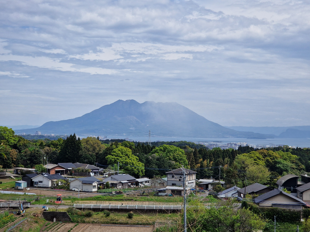 Houses with the volcano Sakurajima in the background