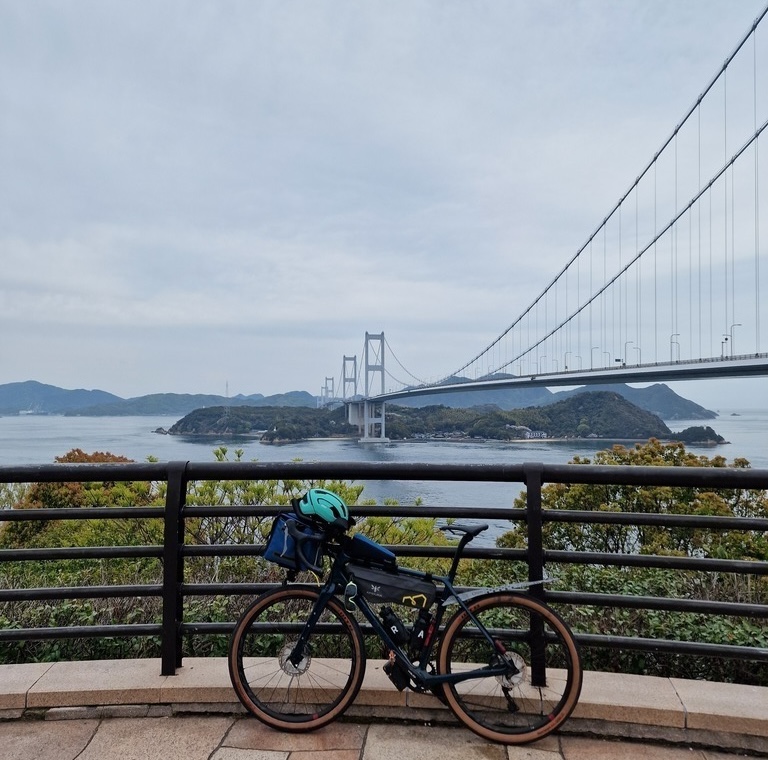 The long Kurushima-Kaikyo Bridge in the background